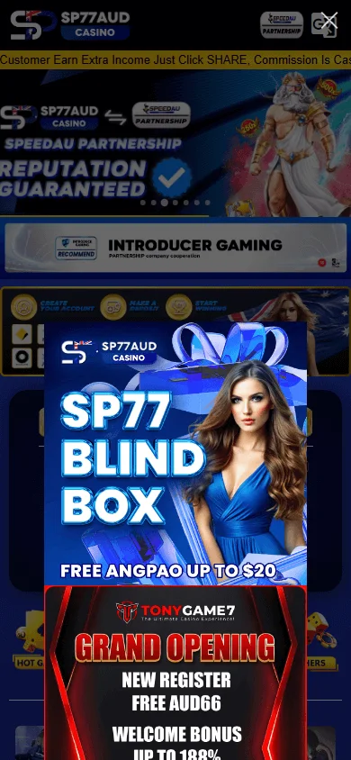 Sp77 Casino mobile app home with casino games and account access
