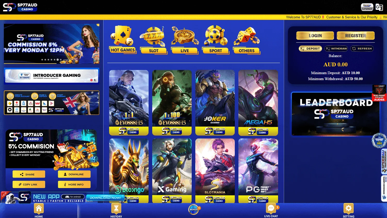 Sp77 Casino desktop home with casino games and Australian dollar play